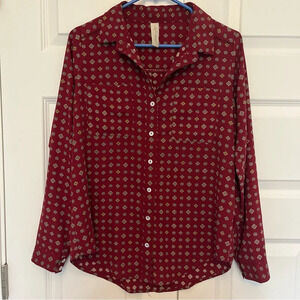 Allison Joy Evereve Button Blouse Maroon Print Long Sleeve Collared Size Small